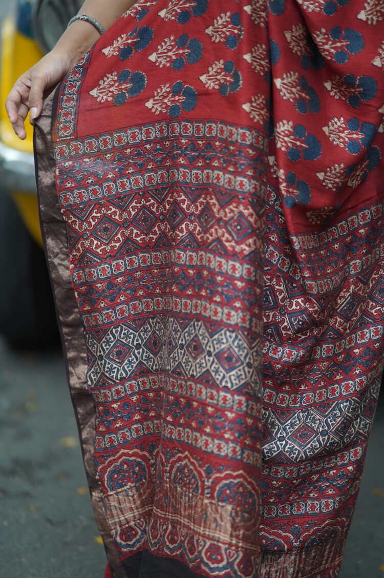 Ajrakh Printed Silk saree - Image 2