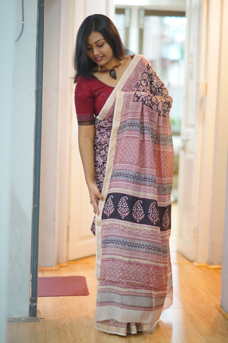 Bagh Hand Block Printed Natural Dyed Chanderi Silk Saree - Image 2