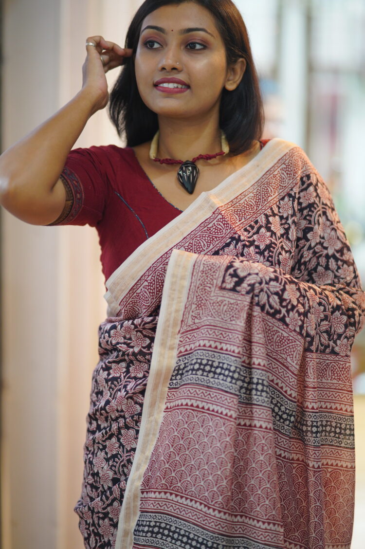 Bagh Hand Block Printed Natural Dyed Chanderi Silk Saree - Image 3