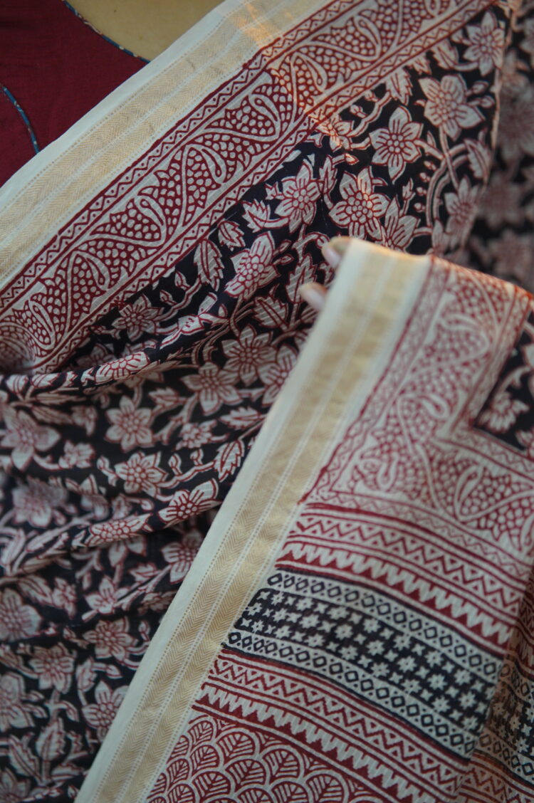 Bagh Hand Block Printed Natural Dyed Chanderi Silk Saree - Image 5