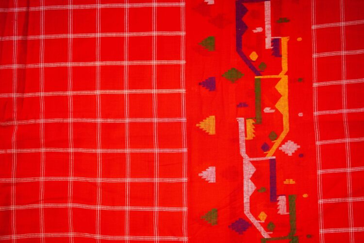 Pure Handloom cotton Jamdani Fabric -Red - Image 3