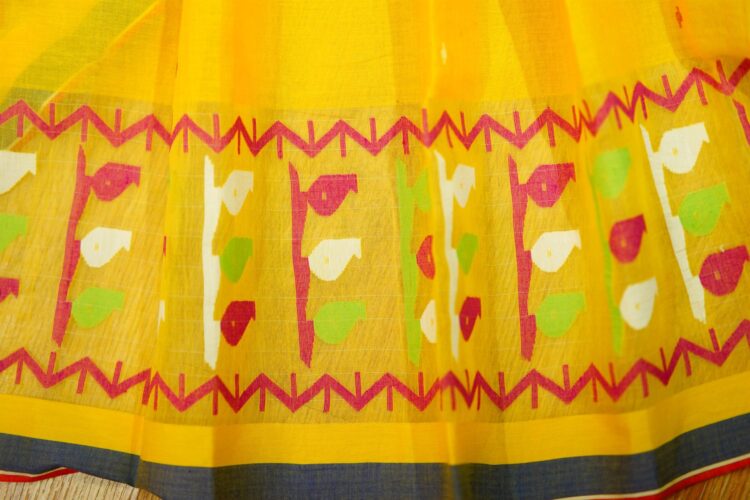 Pure Handloom cotton Jamdani Fabric-Yellow - Image 3