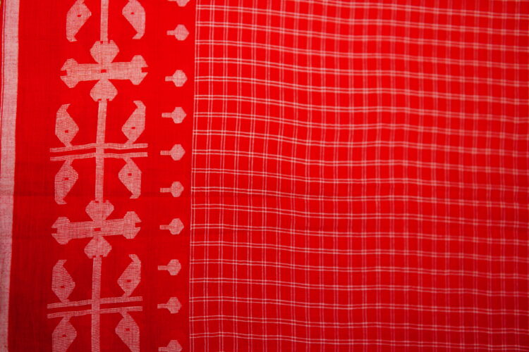 Pure Handloom Cotton Jamdani Fabric-Red - Image 4