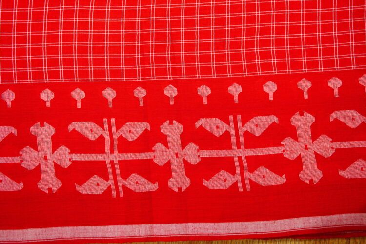 Pure Handloom Cotton Jamdani Fabric-Red - Image 2