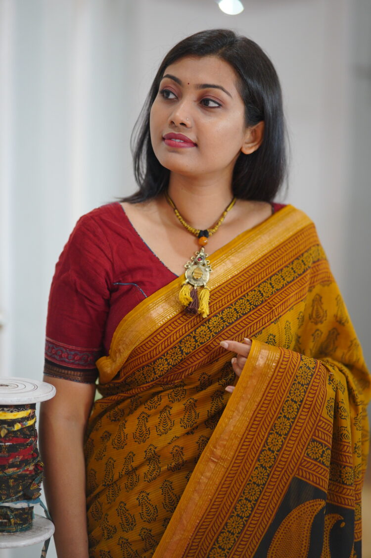 Bagh Hand Block Printed Maheswari Silk Saree - Image 3