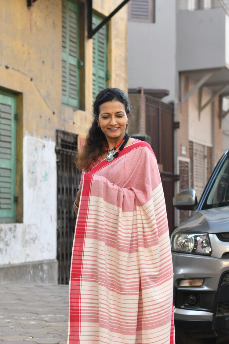 Handwoven Cotton Saree with Red Border and Stripes - Image 4