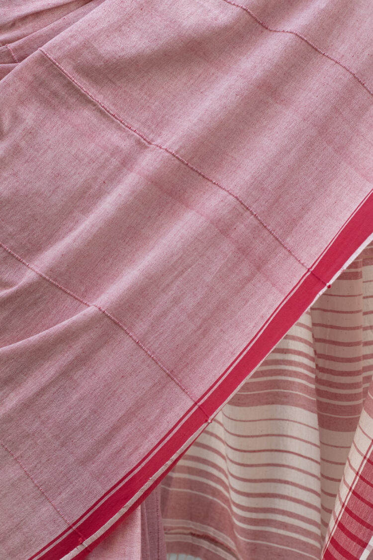 Handwoven Cotton Saree with Red Border and Stripes - Image 3