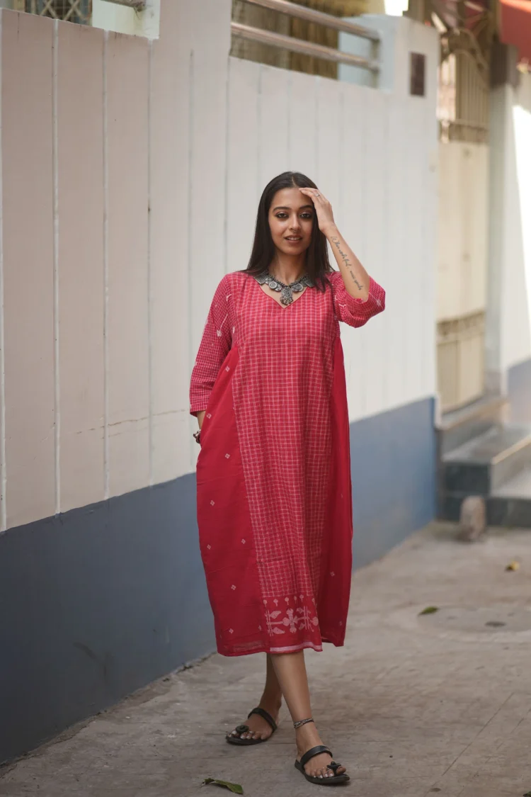 Red Handwoven Cotton Jamdani Dress