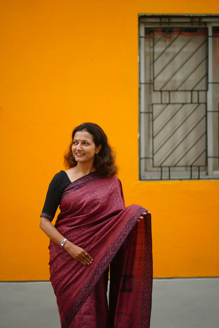 Maroon Tasar Saree with Bagh Print - Image 3