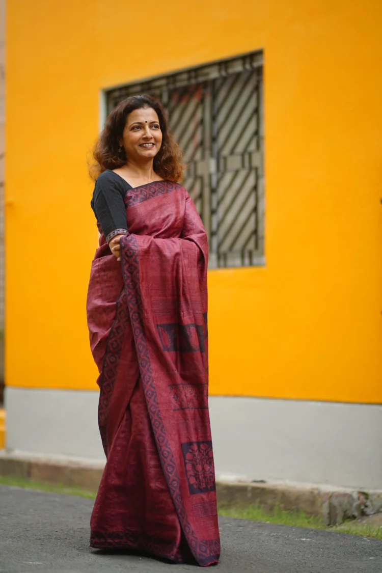 Maroon Tasar Saree with Bagh Print