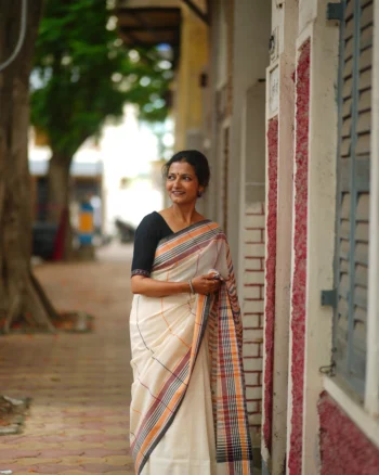 Off White Kala Cotton  Saree with  Maroon Black Yellow Stripe