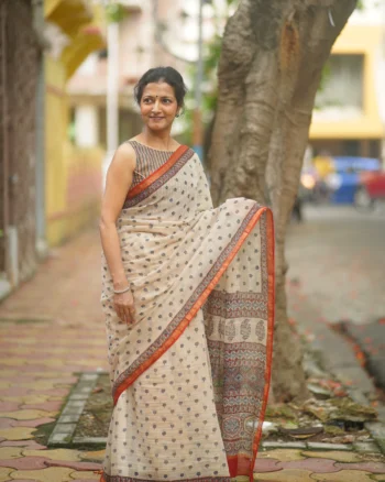 Kota Saree in Ajrakh print with Lotus motifs