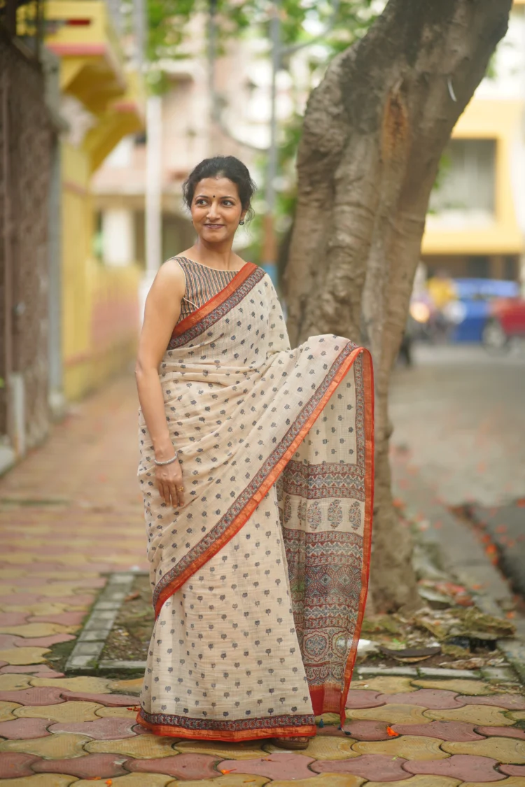Kota Saree in Ajrakh print with Lotus motifs