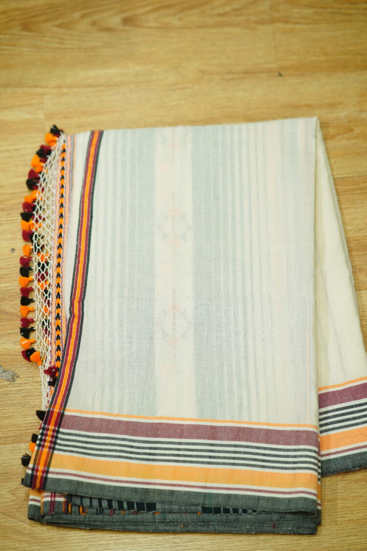 Off White Kala Cotton  Saree with  Maroon Black Yellow Stripe - Image 6