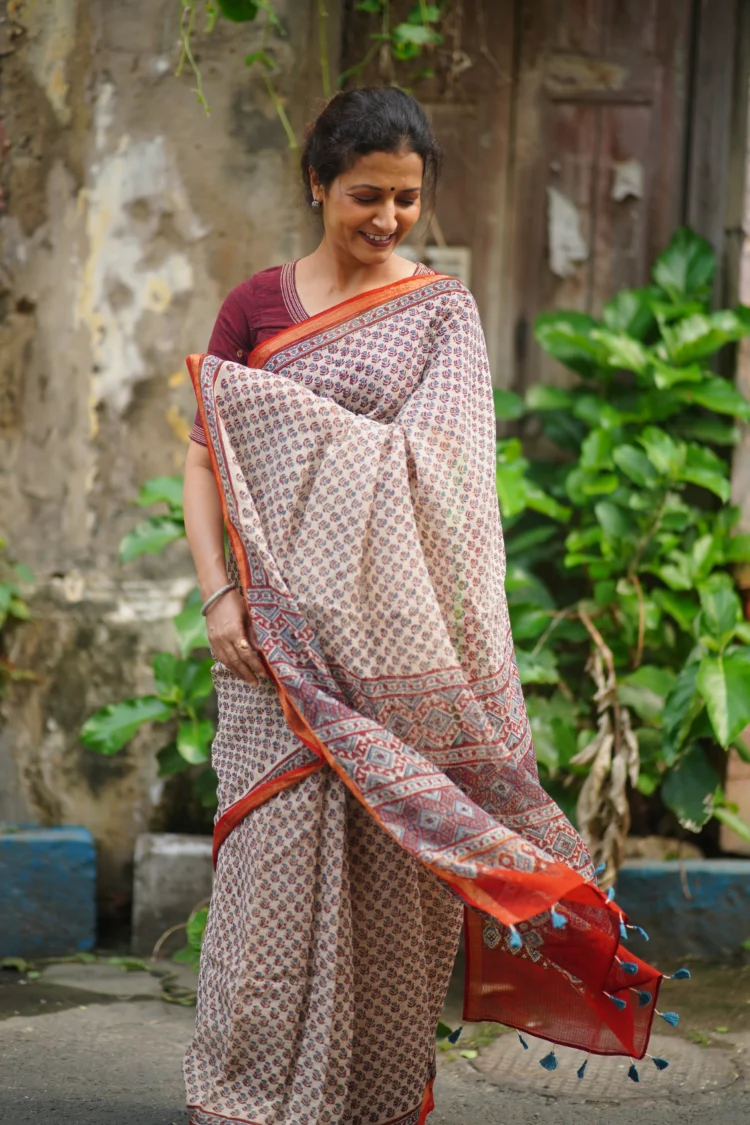 Kota Saree in Ajrakh print with Floral Motif
