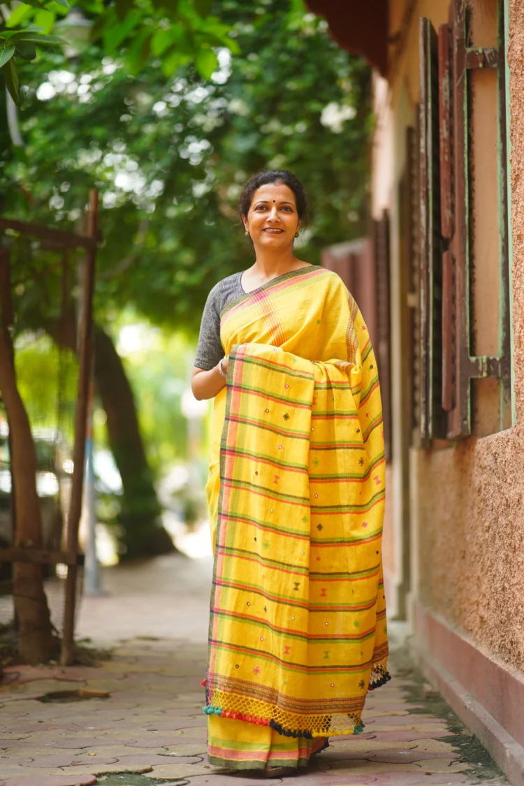 Yellow Kala Cotton Bhujori  Saree with mirror work in pallu