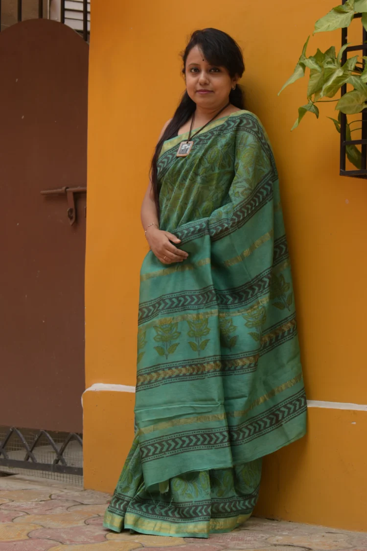 Green Maheshwari Saree with Nature-Inspired Vanaspati Print