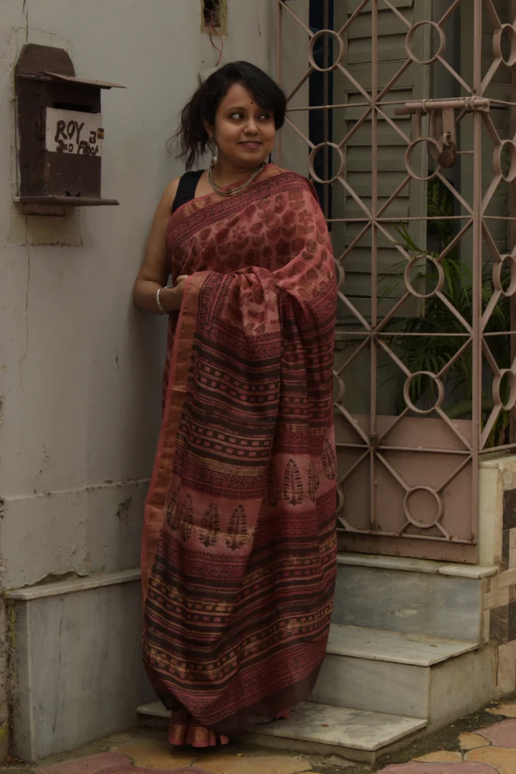 Terracotta Pink Maheshwari Saree with Vanaspati Print