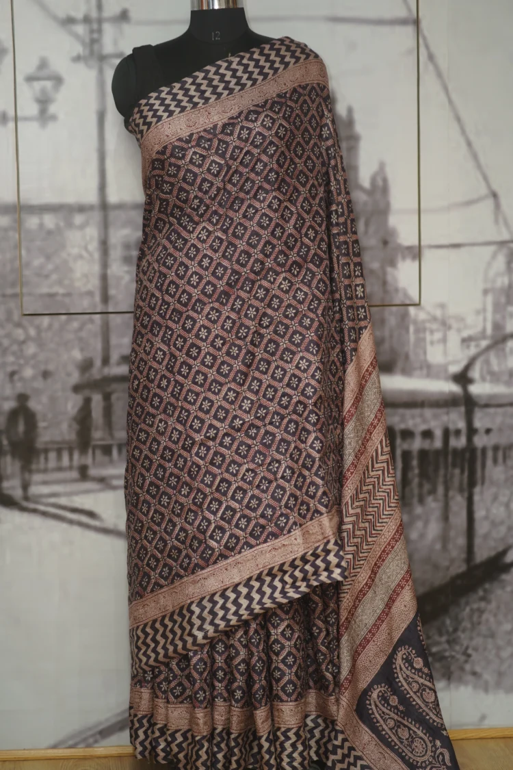 Black Bagh Hand-Block printed Tasar Saree