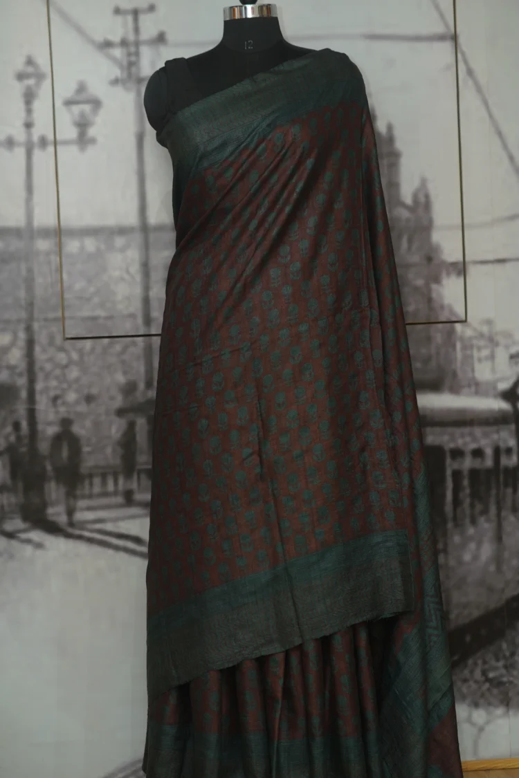 Chocolate with Green Buta Bagh Print Tasar Saree