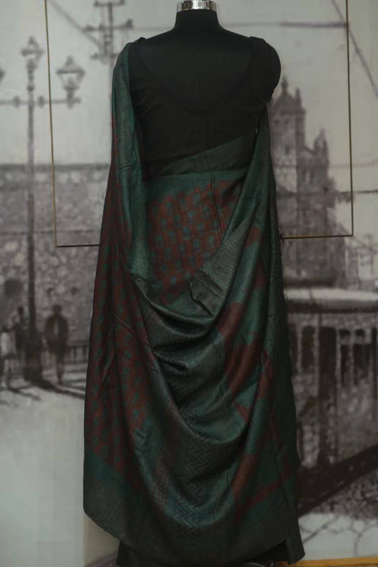 Chocolate with Green Buta Bagh Print Tasar Saree - Image 2