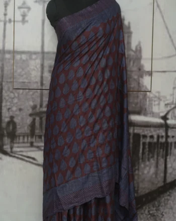 Brown with Blue Leaf Motif Bagh Tasar Silk