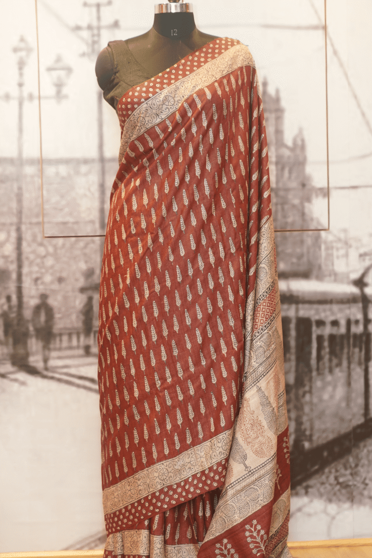 Bright Maroon Tasar Silk with Bagh Print