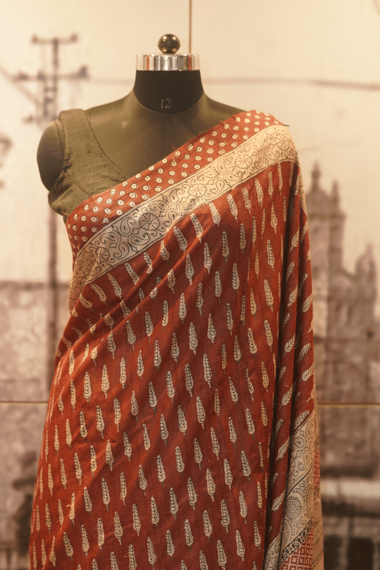 Bright Maroon Tasar Silk with Bagh Print - Image 2