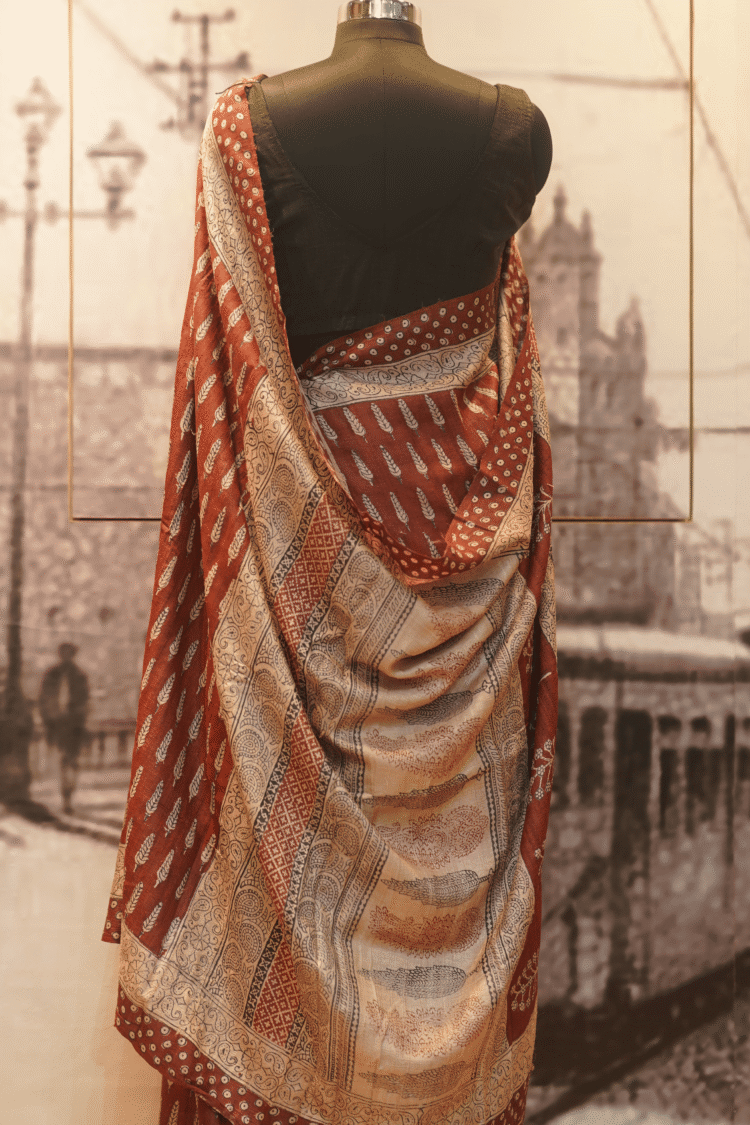 Bright Maroon Tasar Silk with Bagh Print - Image 3