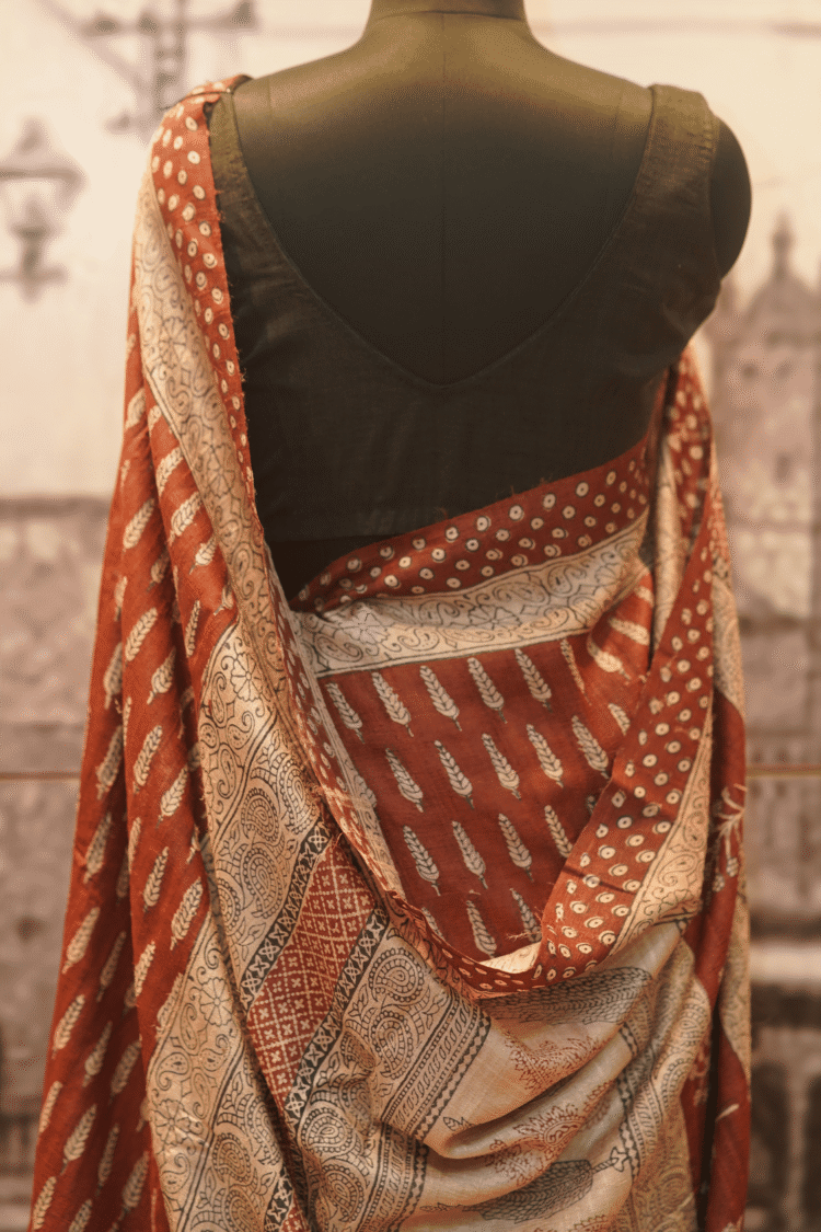 Bright Maroon Tasar Silk with Bagh Print - Image 4