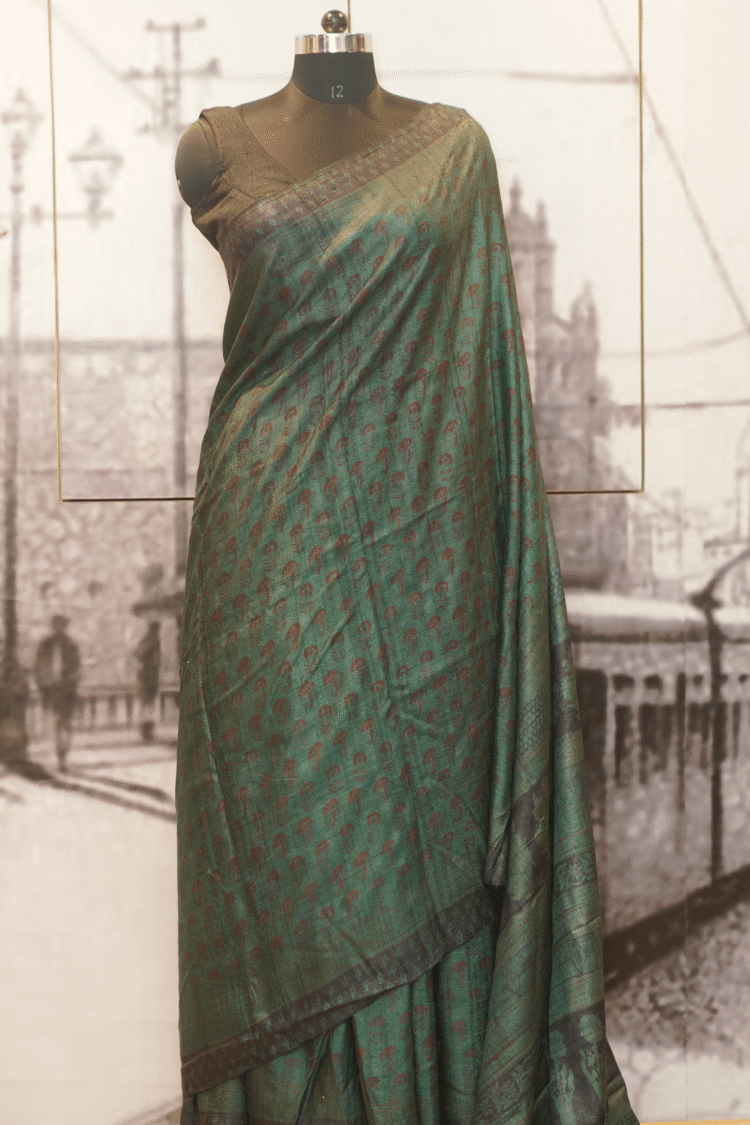 Green Pure Tasar Silk Saree with Bagh Print