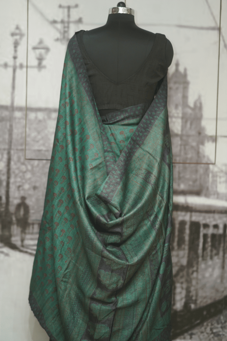 Green Pure Tasar Silk Saree with Bagh Print - Image 2