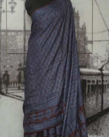 Blue with Chocolate Buta Bagh Hand-Block printed Tasar Saree