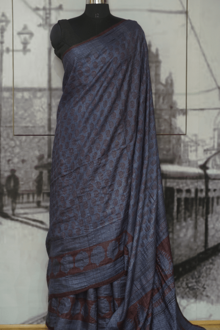 Blue with Chocolate Buta Bagh Hand-Block printed Tasar Saree