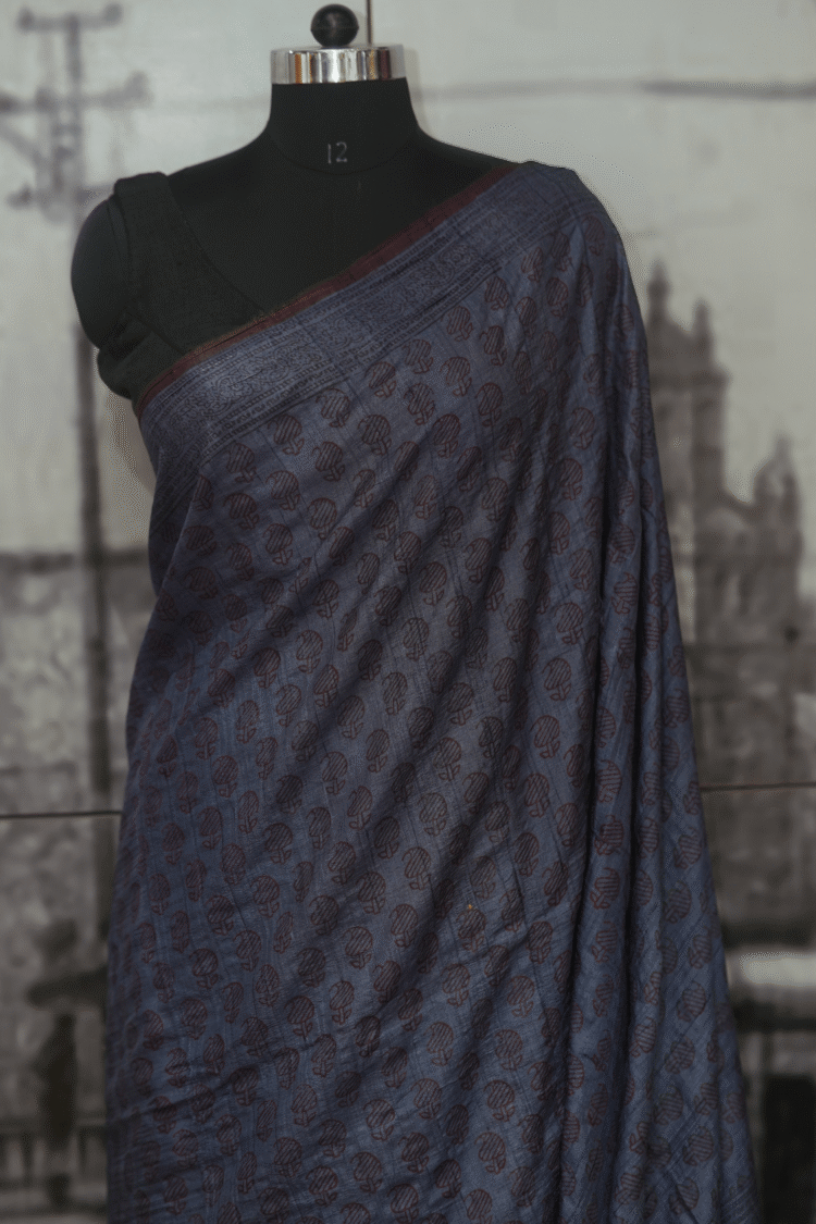 Blue with Chocolate Buta Bagh Hand-Block printed Tasar Saree - Image 2