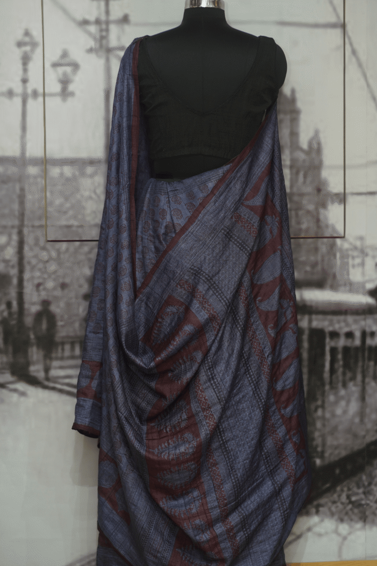 Blue with Chocolate Buta Bagh Hand-Block printed Tasar Saree - Image 3
