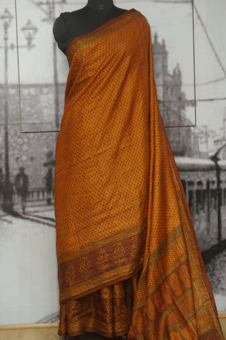 Yellow with Maroon Buta Pure Tasar Silk with Bagh Print