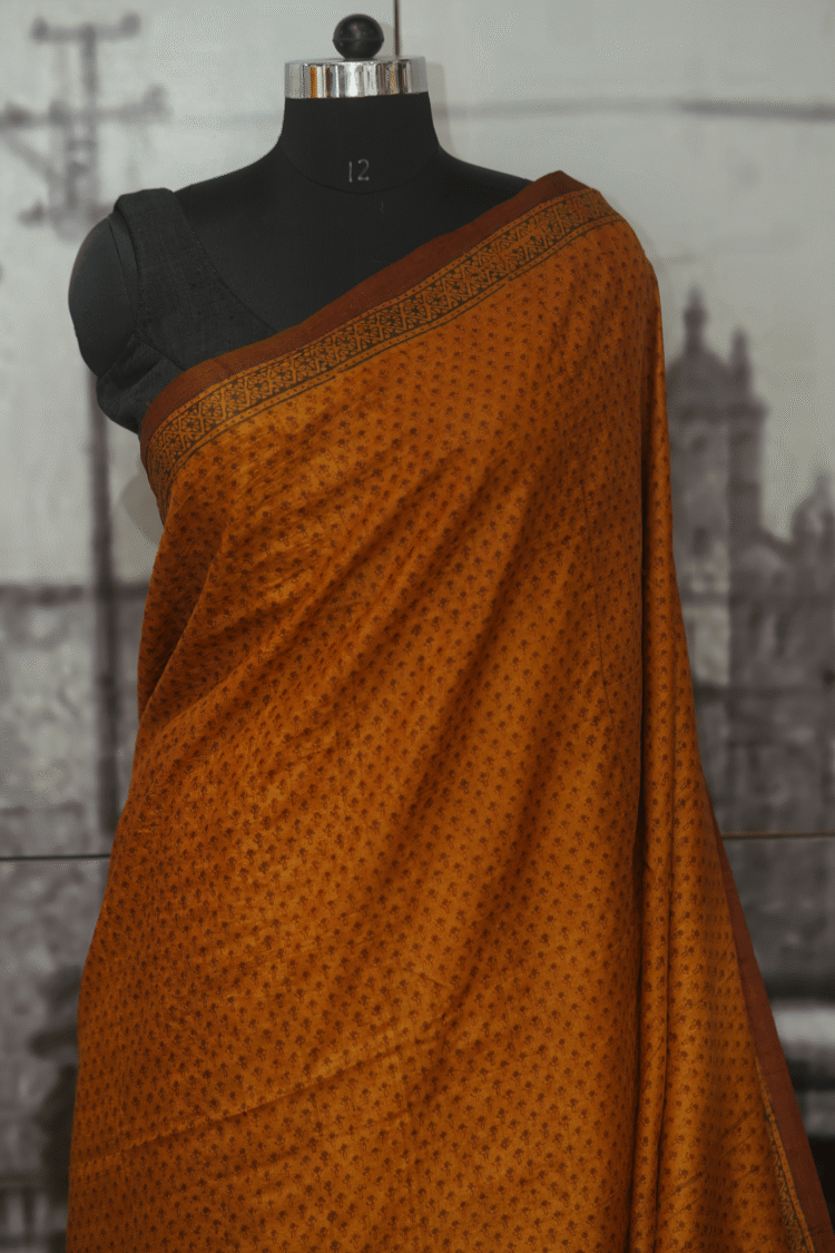 Yellow with Maroon Buta Pure Tasar Silk with Bagh Print - Image 3