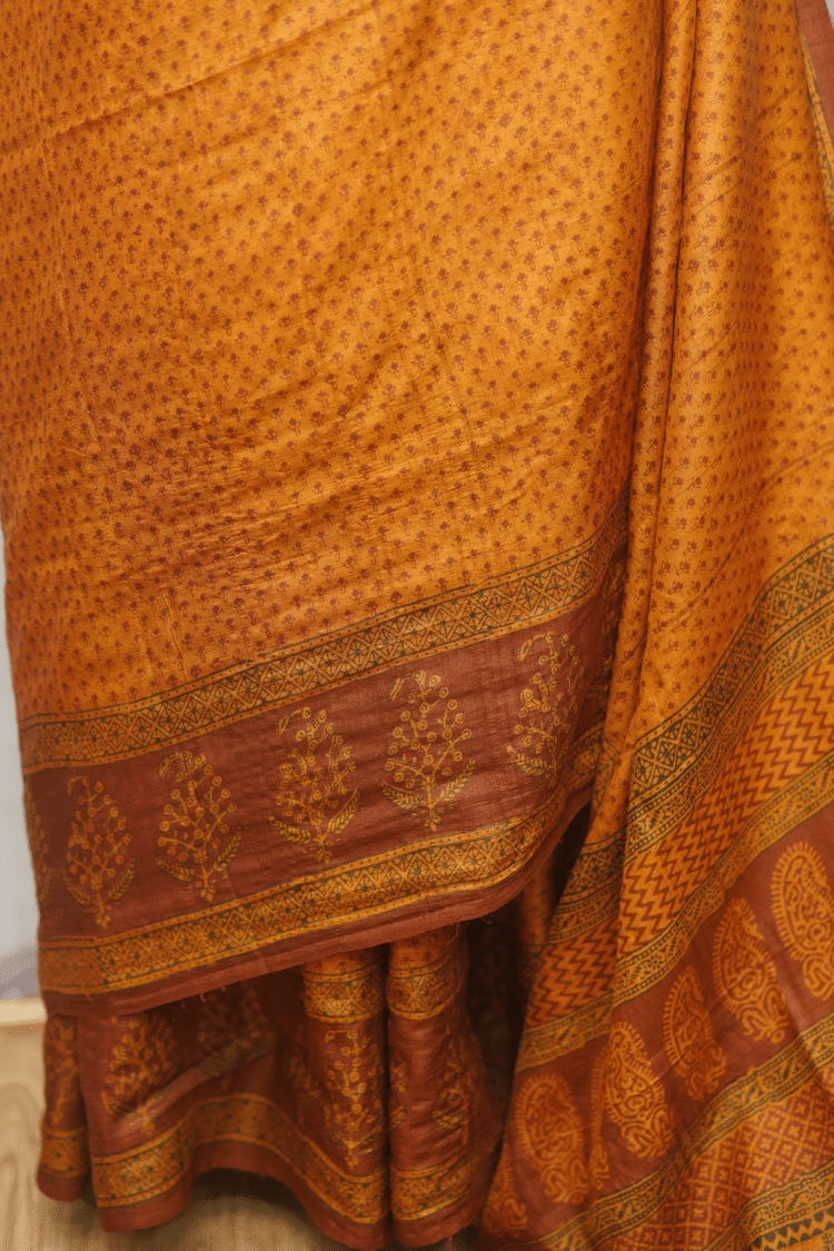 Yellow with Maroon Buta Pure Tasar Silk with Bagh Print - Image 2