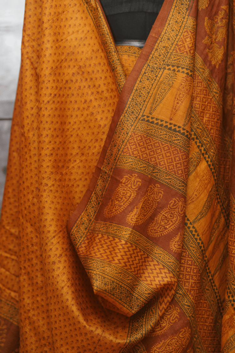 Yellow with Maroon Buta Pure Tasar Silk with Bagh Print - Image 4