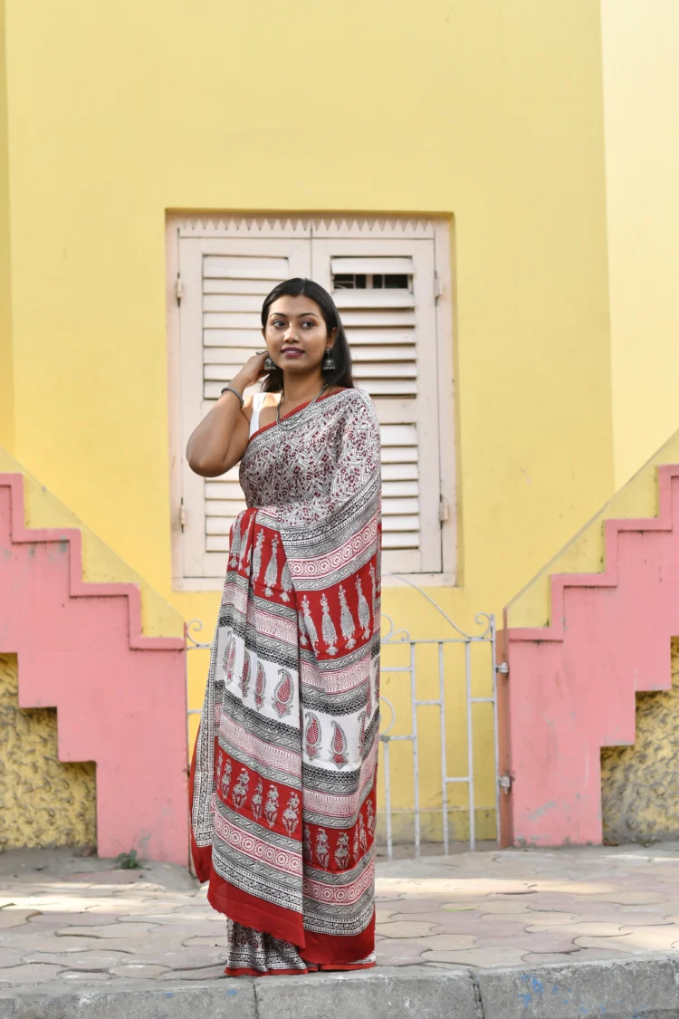 White Bagh Print Modal Silk Saree with Red and Black  Floral Motifs