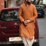 Cream ready to wear dhoti with brown border