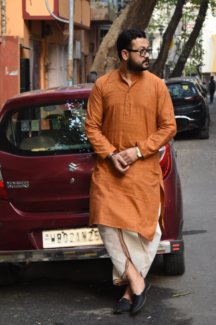 Cream ready to wear dhoti with brown border