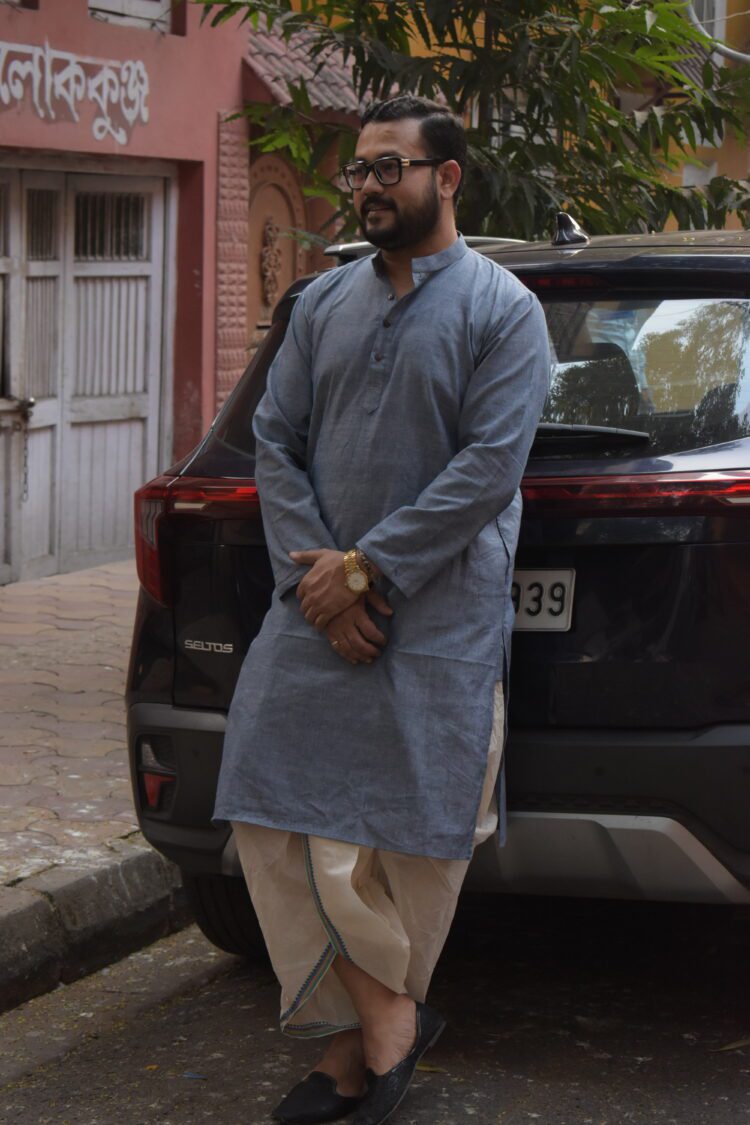 White with Brown borderready to wear dhoti