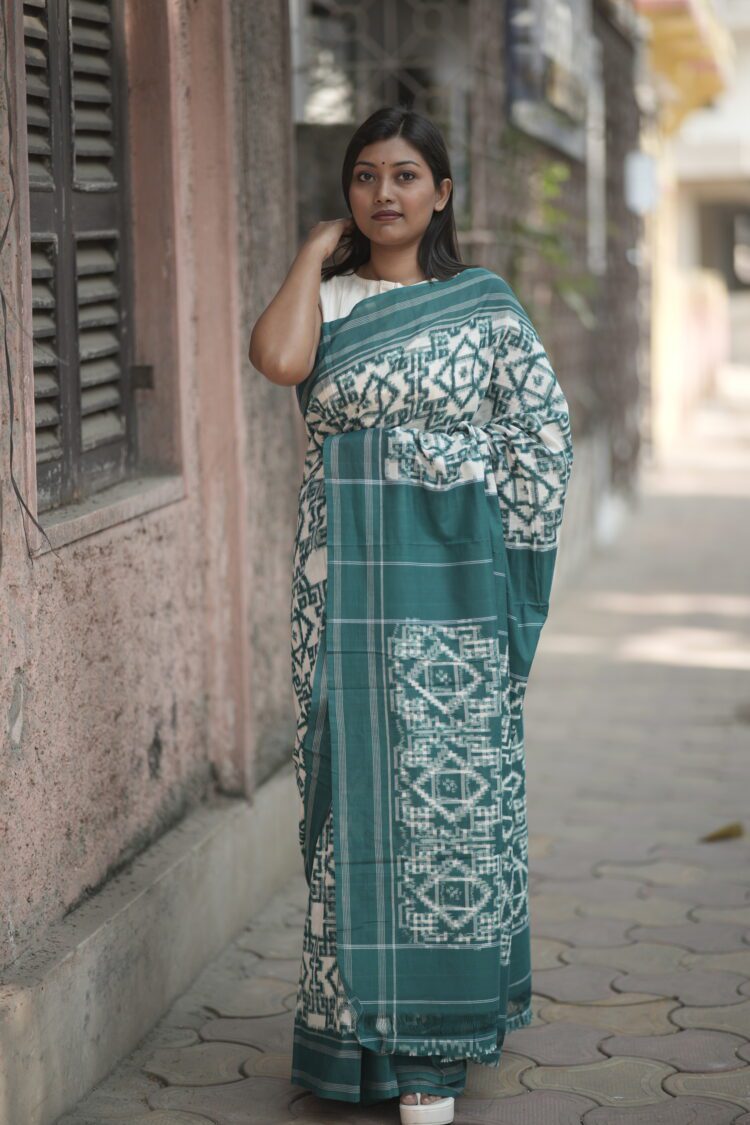 Green Telia Rumal double ikat cotton saree handwoven in traditional pattern