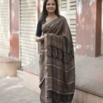 Grey Maheshwari saree with traditional Bagh hand block print