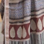 Close-up of the intricate Bagh hand-block print motifs on a maroon and black Maheshwari fabric.