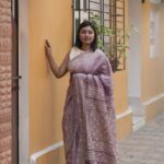Mauve tussar silk saree with beige Gujarati hand embroidery