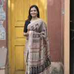 Grey with Maroon stripe Maheshwari saree with traditional Bagh hand block print