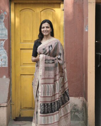 Grey with Maroon stripe Maheshwari saree with traditional Bagh hand block print